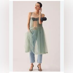 ANTHROPOLOGIE Maeve Sleeveless Sheer Tulle Overlay Duster, Green, One Size